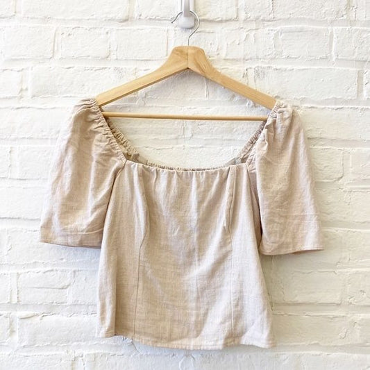 Abercrombie & Fitch || Linen Square Neck Puff Sleeve Top Smocked Tan Small NWT