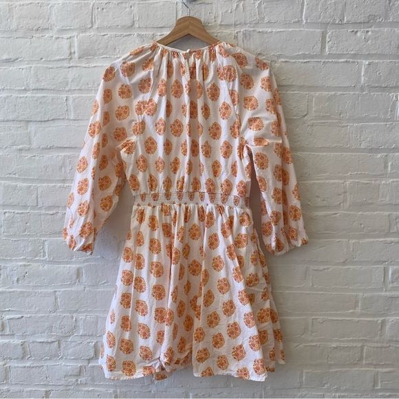 J. Crew || Smocked Waist Mini Dress Long Sleeve Floral Block Print Orange Medium