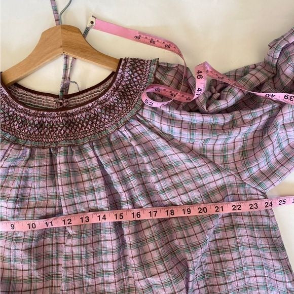 Leur Logette || Smocked Yoke + Cuff Checked Blouse Silk Blend Purple