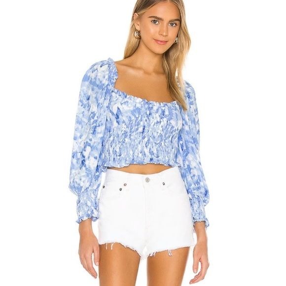 Faithfull The Brand || Willow Top Smocked Crop Long Sleeve Tie Dye Blue 2 XS NWT