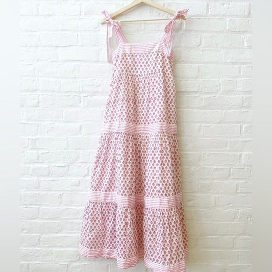 Madison Mathews || Allyson Maxi Dress Pink White Block Print Tie Shoulder XS