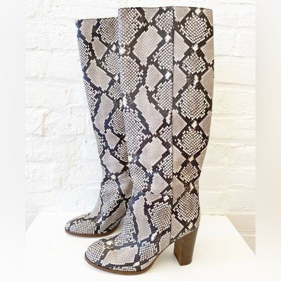 J. Crew || High Heeled Knee High Boots in Snakeskin Print Leather Gray Black 11