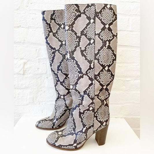 J. Crew || High Heeled Knee High Boots in Snakeskin Print Leather Gray Black 11