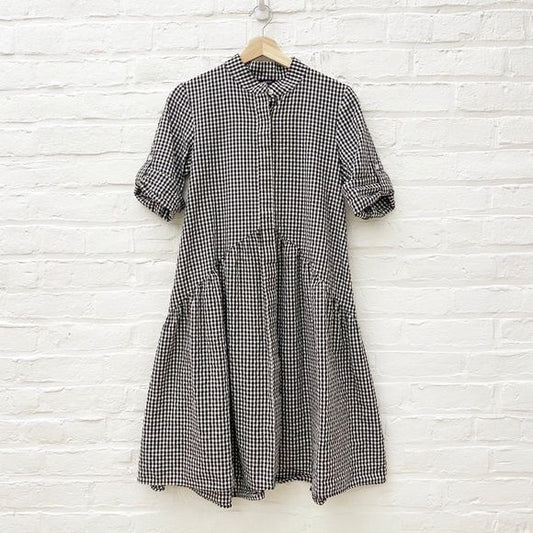 Floryday || Drop Waist Gingham Shirt Dress Preppy Black White Small