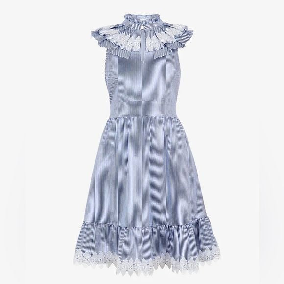 Ted Baker || Kikkii Frill Bib Lace Applique Dress Fit & Flare Keyhole Blue US 4