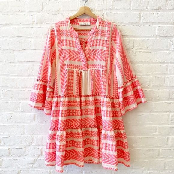 Devotion Twins || Embroidered Ella Tunic Dress A-Line Chevron Neon Pink M