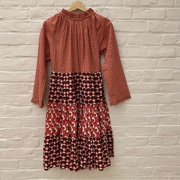 Ro’s Garden || Sonia Dress Short Tiered Long Sleeve in Phoenix Red Pink S NWT