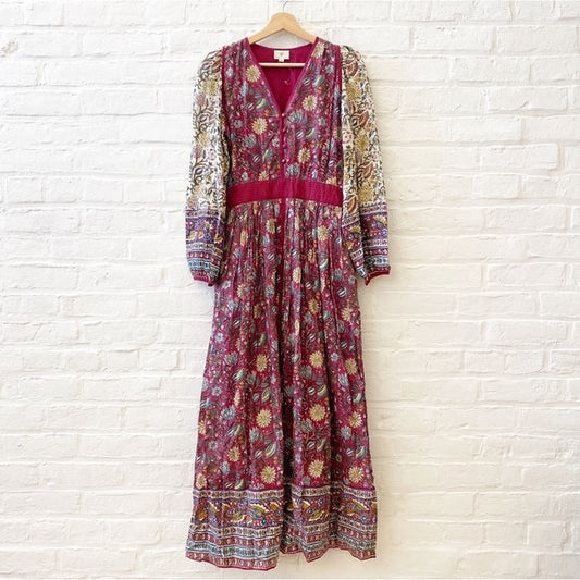 Anokhi || Soraia Maxi Dress in Ivalo Crimson Block Print Floral XL