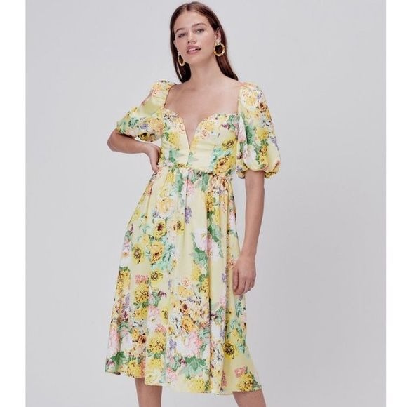 For Love & Lemons || Leigh Floral Midi Dress Plunge V-Wire Yellow Small