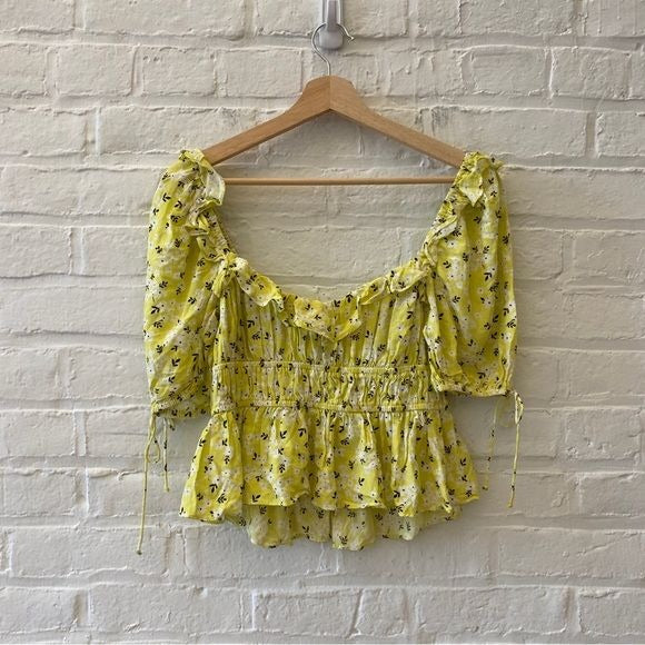 For Love and Lemons || Chrysanthemum Tie Front Blouse Top Floral Yellow Medium