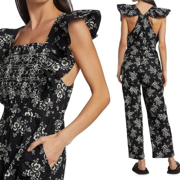 Sea New York || Alessia Smocked Ruffle Jumpsuit Black Floral Print 0