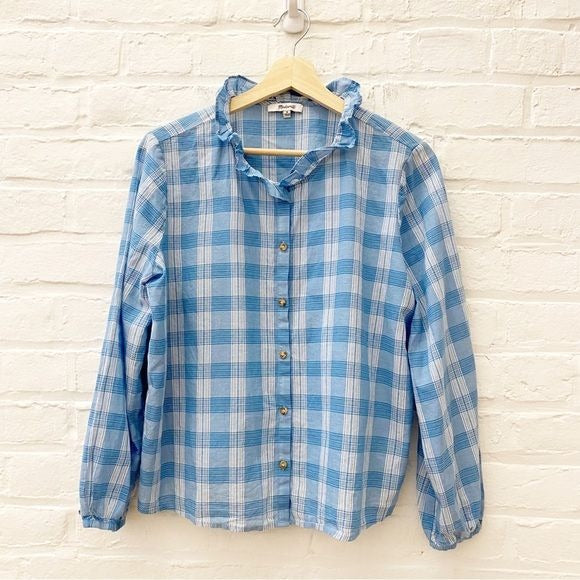 Madewell || Colwell Plaid Ruffle-Neck Top Blue Medium