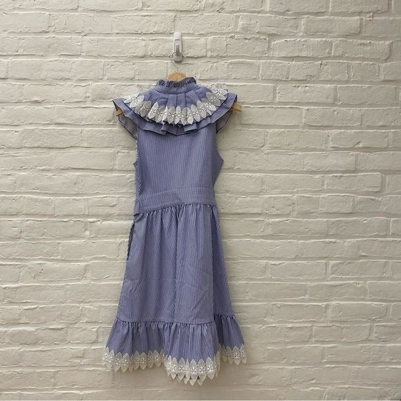 Ted Baker || Kikkii Frill Bib Lace Applique Dress Fit & Flare Keyhole Blue US 4