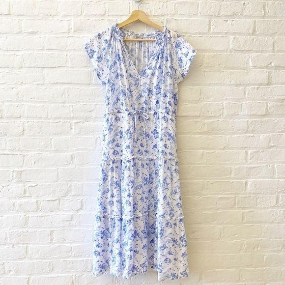 Rails || Juni Midi Dress V-neck Cinched Waist in Blue Blossoms White XS