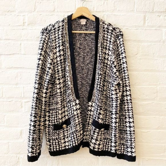 Chicos || Pearl Detail Houndstooth Plaid Open Cardigan 2 / Large Chanel Look