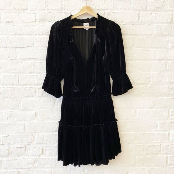 Misa Los Angeles || Amalya Ruffle Velvet Mini Dress Black Small