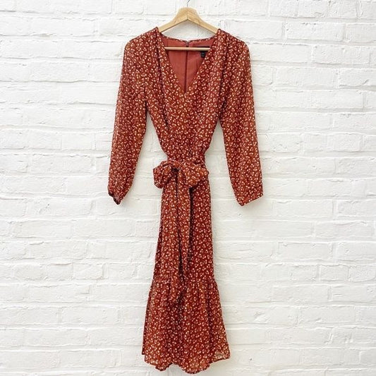 J. Crew || Point Sur Faux-wrap Dress in Sparkle Floral Red Orange 4 NWT