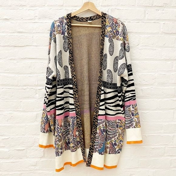 Anthropologie || Bohemian Bricolage Open Front Cardigan Paisley Leopard Zebra XL