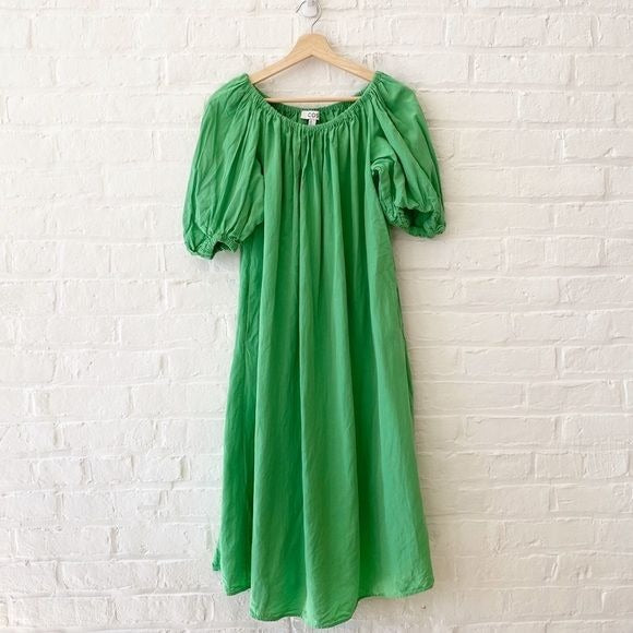 COS || Linen Blend A-Line Puff Sleeve Dress Green 6