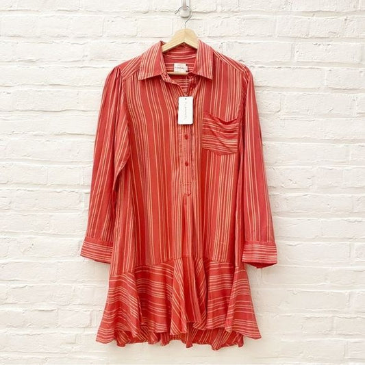 Flannel Australia || Hazel Frill Shirt Dress Salmon Gold Stripe XS NWT