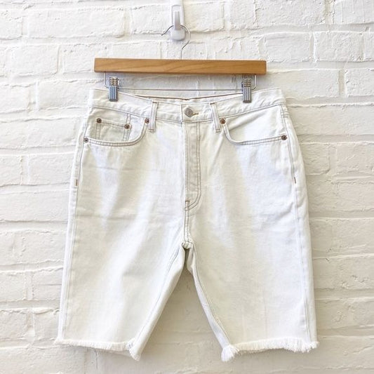 Re/Done || The 80's Long Short Denim Cut Offs Raw Hem Bleach White 29