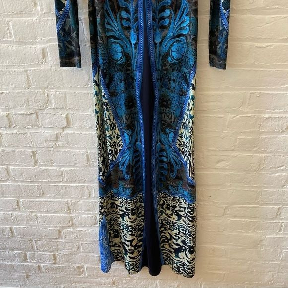 Roberto Cavalli || Long-Sleeve Mixed-Print Gown Blue Black IT 40 US 4