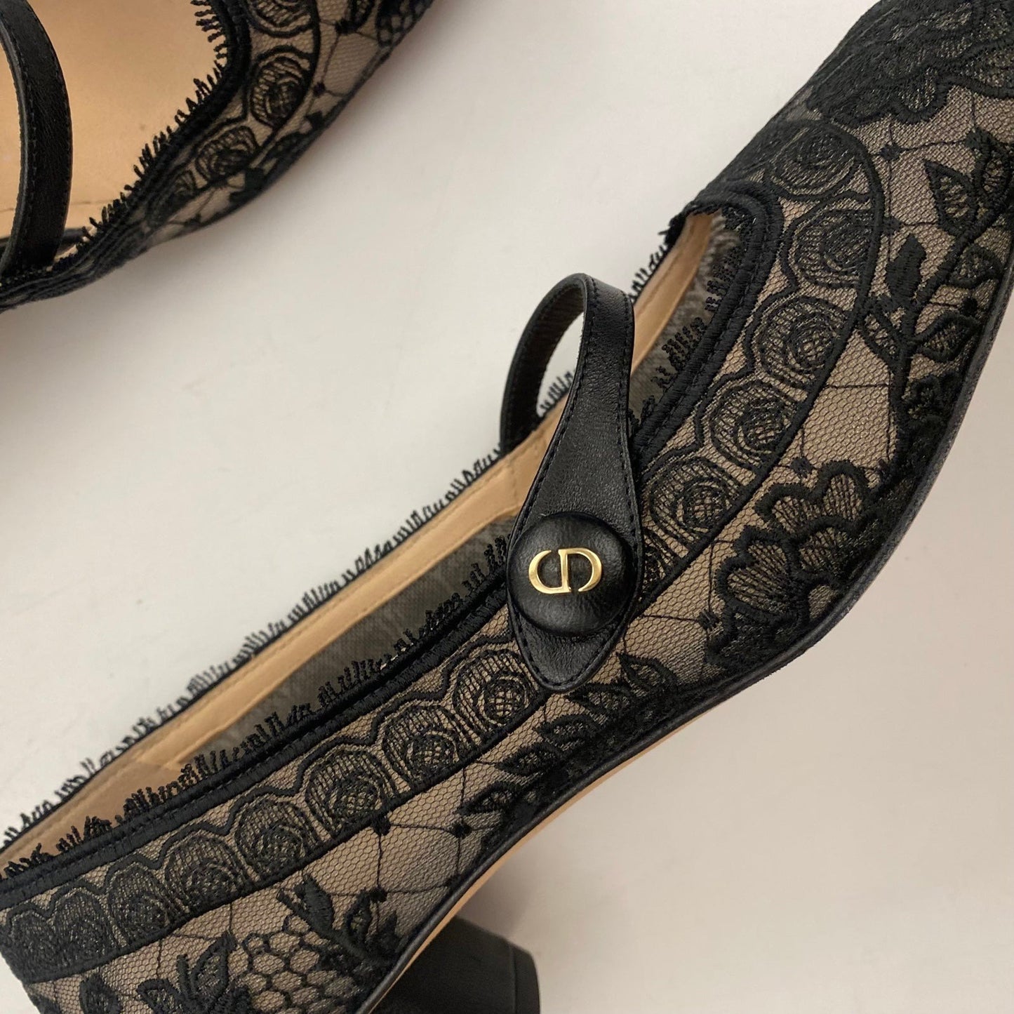 Christian Dior || D-grace Ballet Pump Black Mesh Lace Leather Roses Embroidery 36