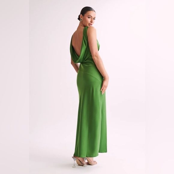 Meshki || Nadia Maxi Satin Dress with Back Cowl Emerald Green Small NWT