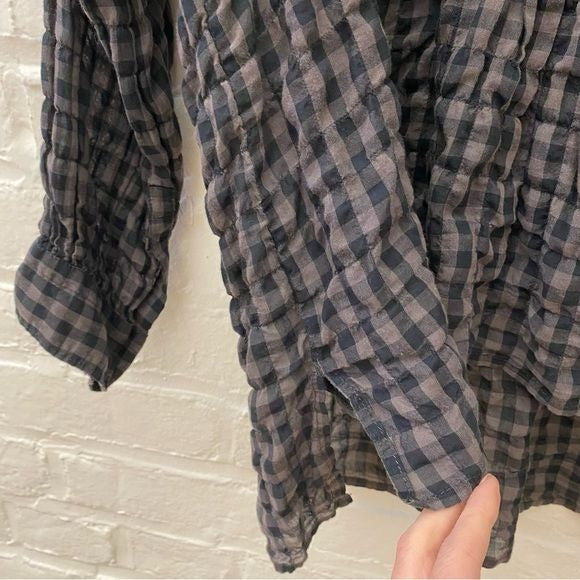 Nili Lotan || Gingham Plaid Check Popover Top Tencel Gray Navy Medium