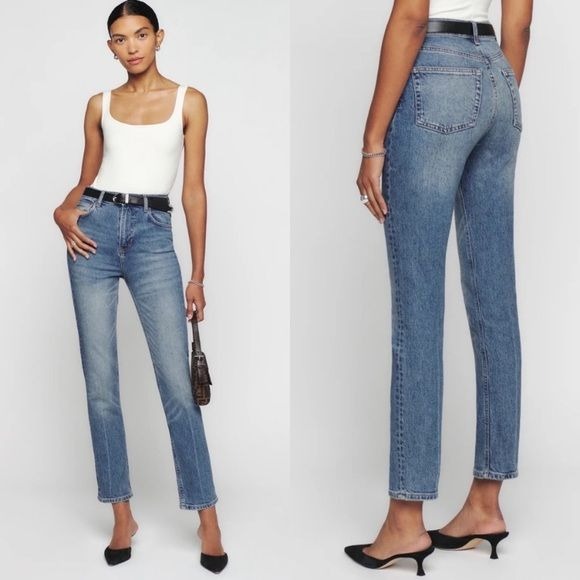 Reformation || Liza High Rise Straight Jeans in Malta Wash Blue 30