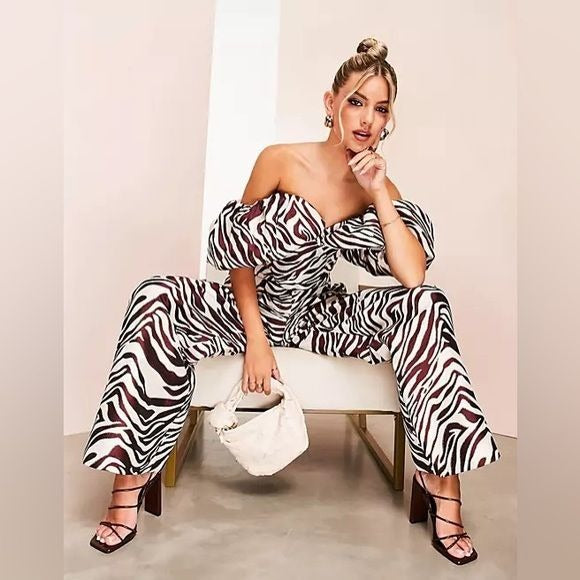 ASOS Luxe Curve || Zebra Corset Top Wide Leg Trouser Suit Set Brown Cream 12 14