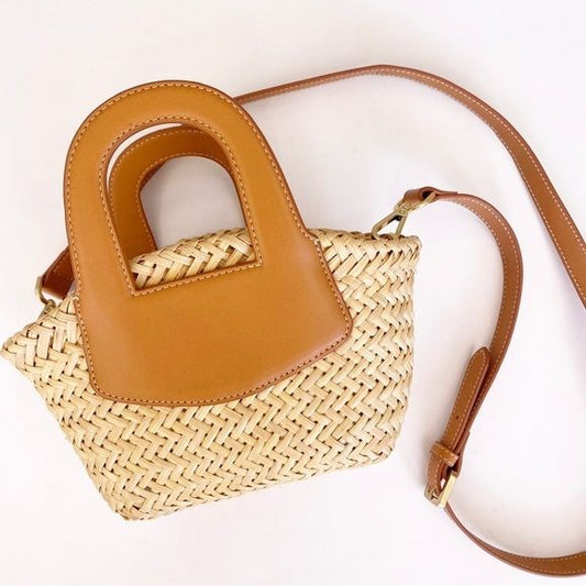 J.Mclaughlin || Wanda Rattan Crossbody Leather Woven Bag Tan