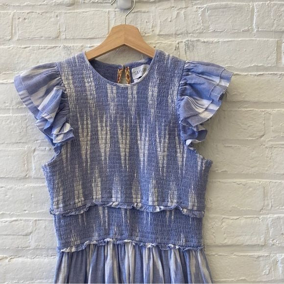 Saylor || Zinnia Smocked Mini Dress Ikat Indigo Blue Small