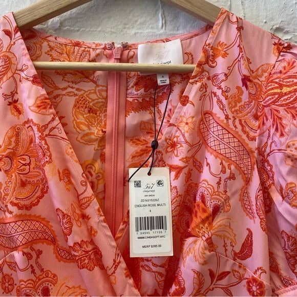 Cinq a Sept || Kay Ruffle Midi Dress English Rose Pink Orange Floral 4 NWT