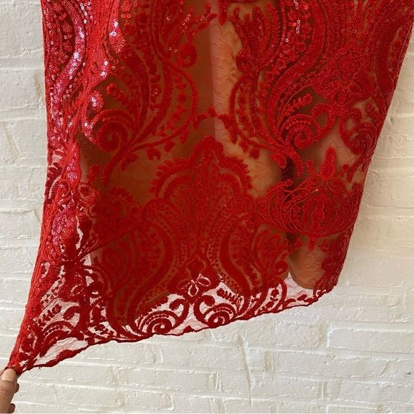 Free People || Night Shimmers Sequined Lace Mini Dress Red 10 NWT