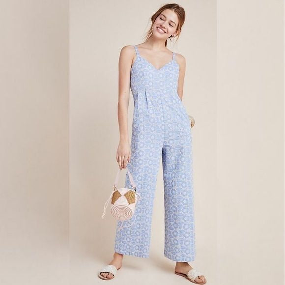 Anthropologie || LAIA Karina Eyelet Jumpsuit Wide Leg Blue White V-neck S NWT