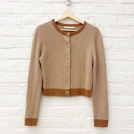 One Grey Day || Contrast Crewneck Cardigan Sweater Camel Tan Brown XS