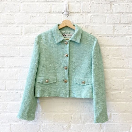 Zara || Textured Boucle Tweed Jacket Blazer Mint Aquamarine Large