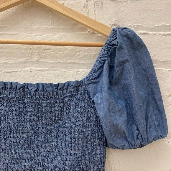 J.Crew || Squareneck Smocked Chambray Top Short Sleeve Blue XS