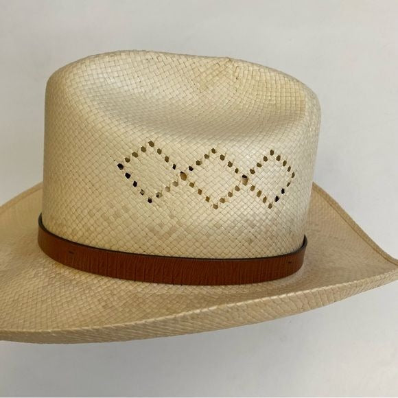 Stetson || Straw Cowboy Hat Leather Band Vented Natchez Style Natural 6 7/8