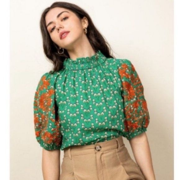 THML || Embroidered Puff Sleeve Blouse Top Button Back Floral Green Medium