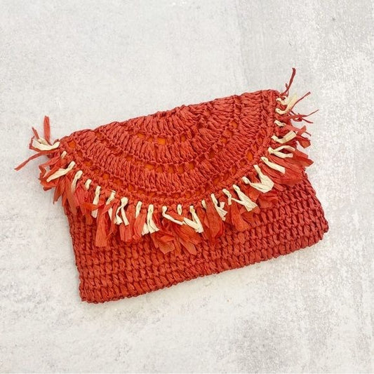 Unbranded || Straw / Raffia Fringe Woven Clutch Red + Natural