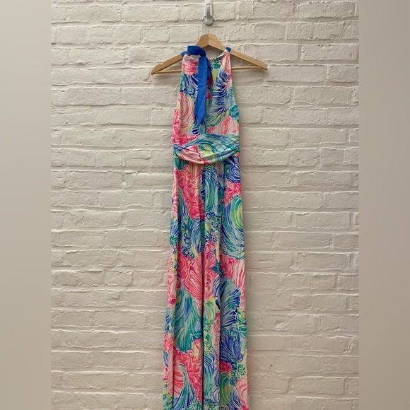 Lilly Pulitzer || Martina Halter Maxi Dress in Multi Beach Please Pink Blue XXS