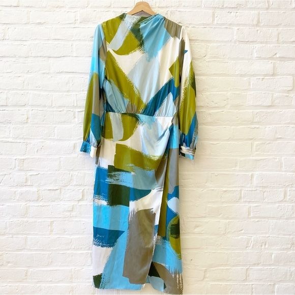 Zara || Long Sleeved Brush Stroke Midi Dress Green Blue Large