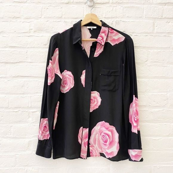 GANNI || Fayette Rose Print Silk Button Down Shirt Blouse Black Pink 36 US 4