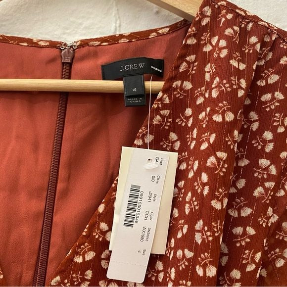 J. Crew || Point Sur Faux-wrap Dress in Sparkle Floral Red Orange 4 NWT