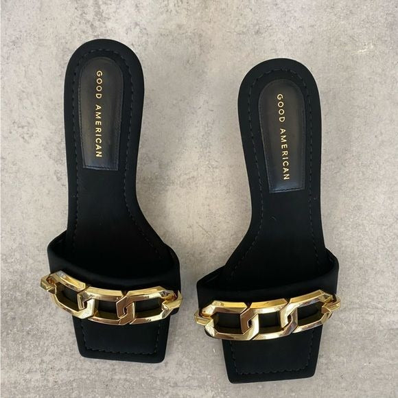 Good American || Single Strap Chain Mule Sandals Heels Black Gold 7.5