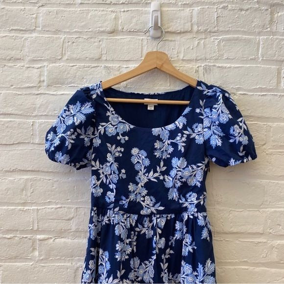 J. Crew || Tiered Poplin Puff-Sleeve Midi Dress Floral Navy Blue 00