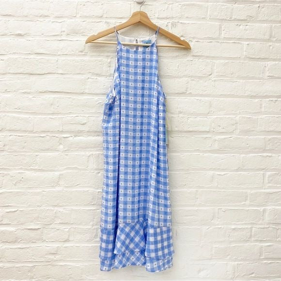 CeCe by Cynthia Steffe || Gingham Swiss Dot Ruffle Dress Blue White M NWT