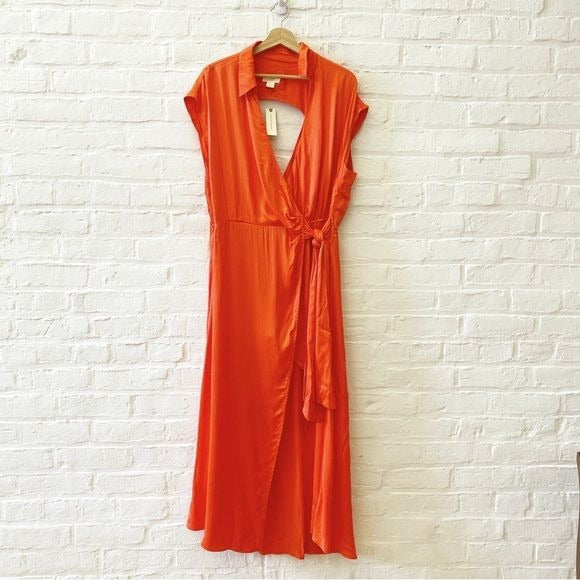 Anthropologie || Maeve Open-Back Wrap Midi Dress Orange Red XL NWT